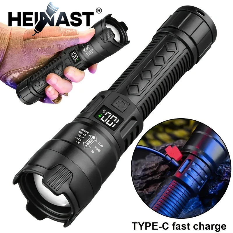 Hochleistungs-LED-Taschenlampe, wiederaufladbare USB-Taschenlampe mit Display, zoombares Licht mit Batterie, Camping, Wandern, Laterne, Notfalllampe