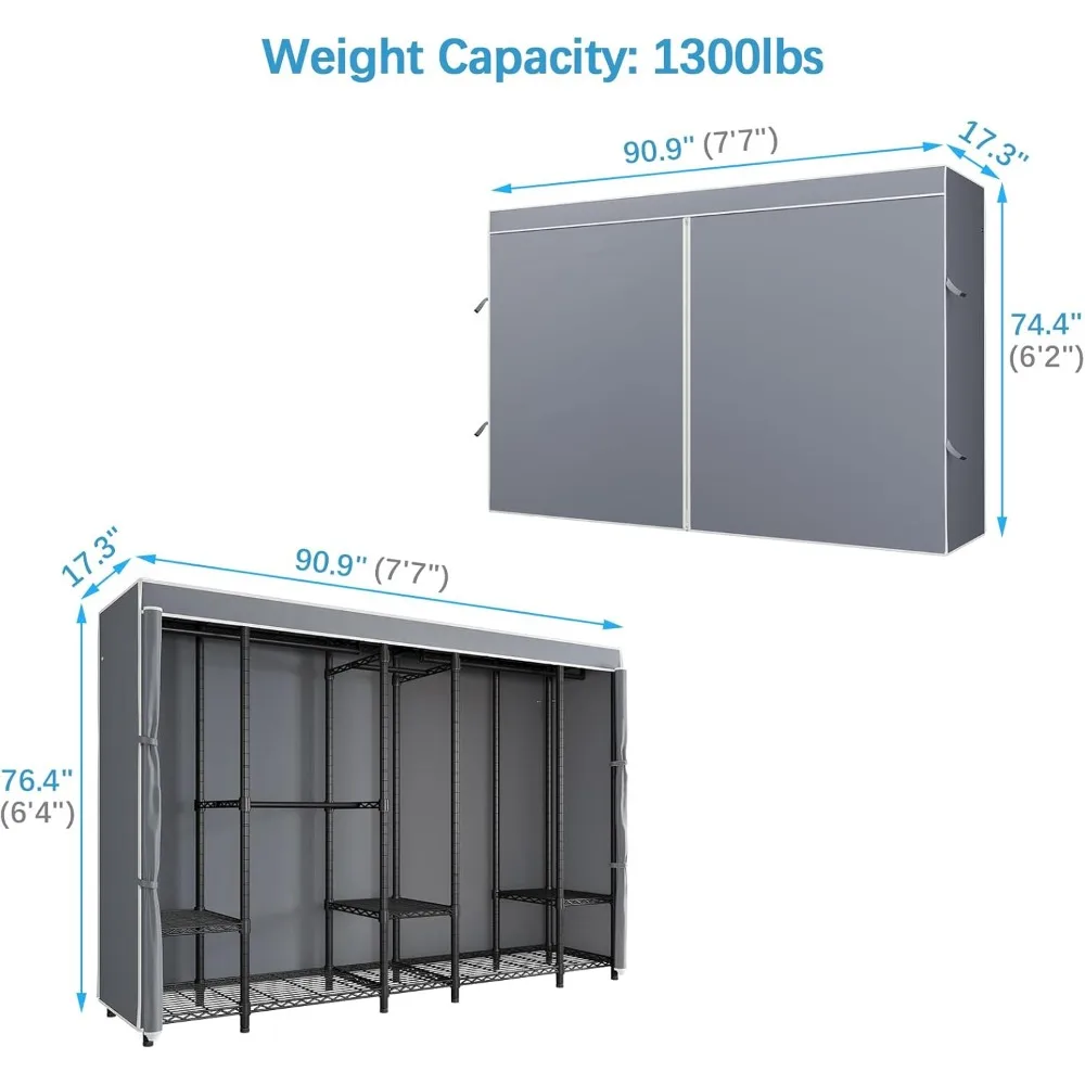 V50C Extra Large Coverd Clothes Rack, Black Portable Closet Rack with Grey Cover, Multi-Functional Freestanding Wardrobe Closet