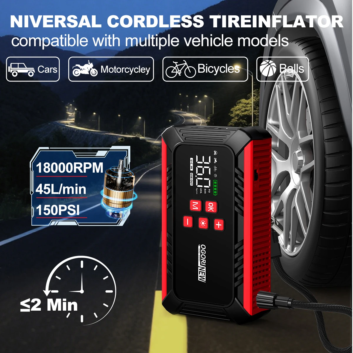Jump Starter with Air Compressor 150PSI, 8000/9000A Portable Car Battery Booster (All Gas/16L Diesel)