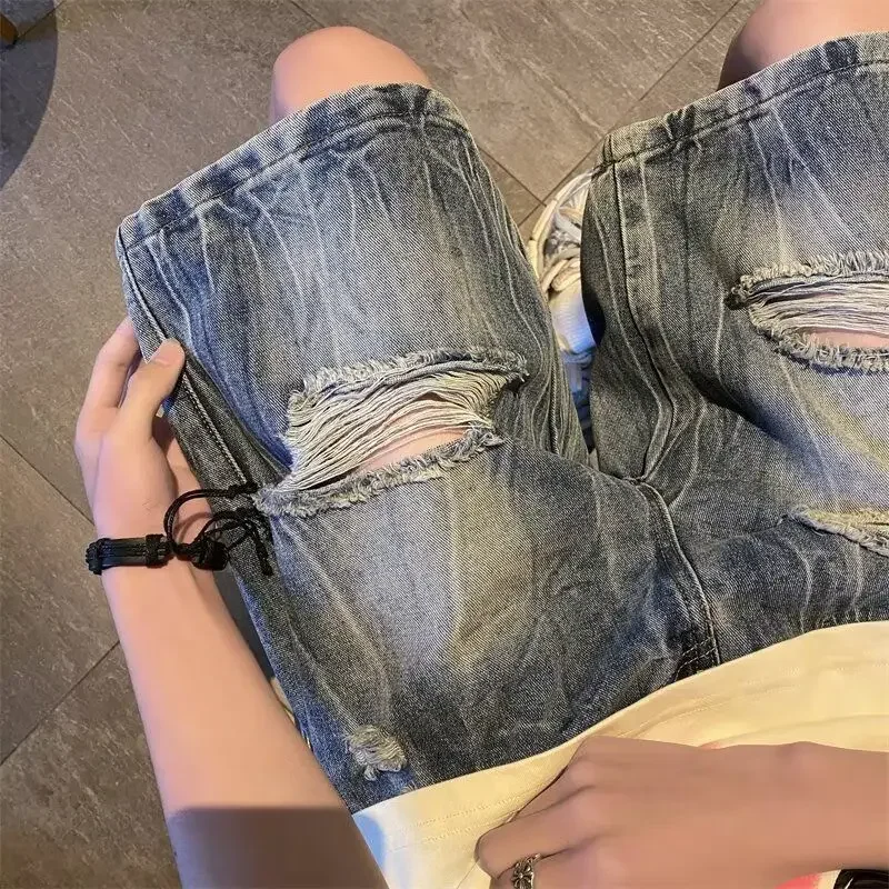 

Baggy Half Men's Short Jeans Pants Straight Bermuda with Pockets Male Denim Shorts Loose Wide Long Ripped Stretch Distressed Emo