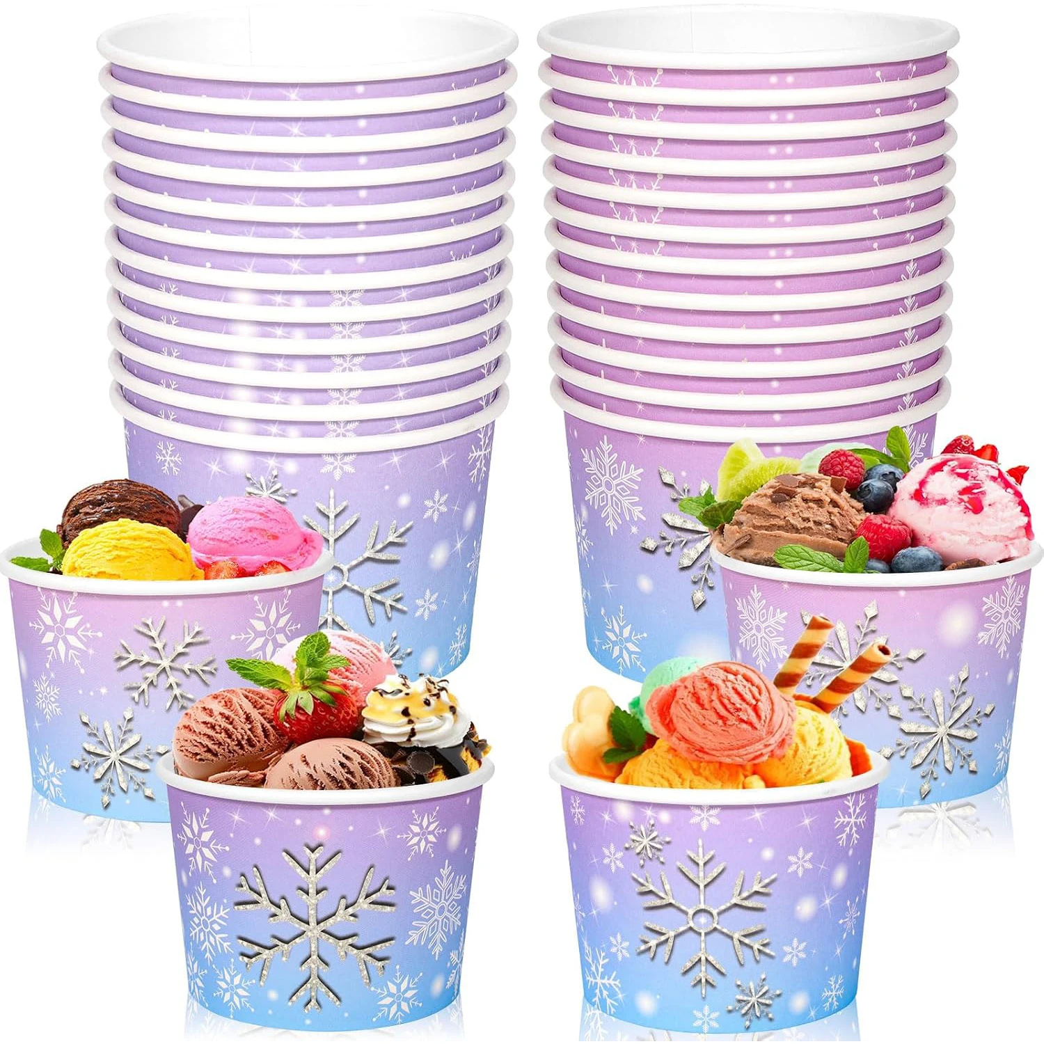 Winter Wonderland Treat Snack Cups, Snowflake Disposable Paper Cup Dessert Ice Cream Bowls for Winter Frozen Party