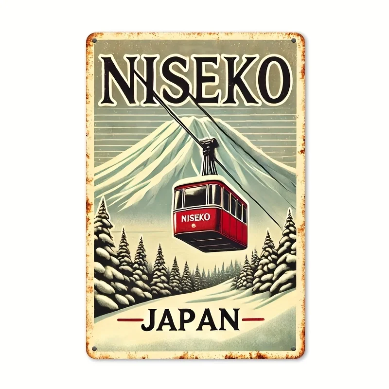（2D Tin painting）Vintage Niseko Japan Metal Sign -   Retro Winter Wonderland Wall Art with Snowy Landscape & Red Cable Car, R