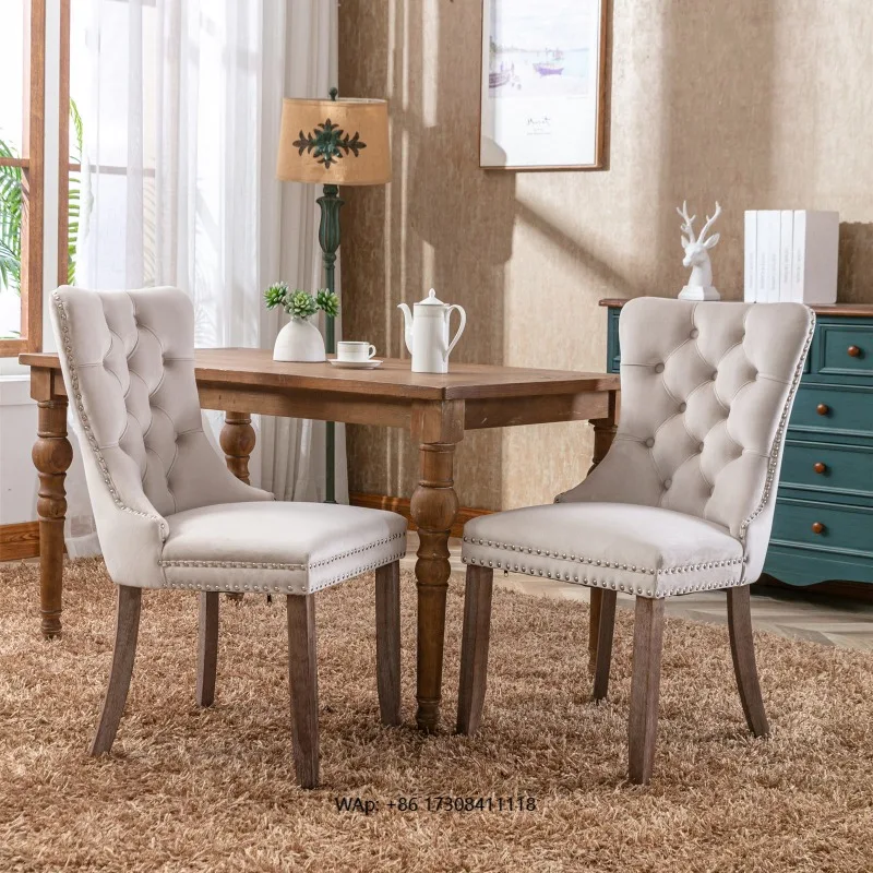 French-style Solid Wood Dining Chair with Soft Padding and High Backrest Hotel Fabric Coffee Chair, Leisure Restaurant Chair