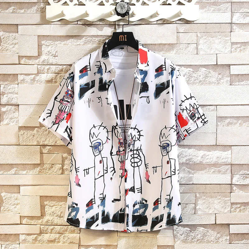 

Hong Kong Style Casual 2024 Spring Short-sleeved Shirt Men's Japanese Trendy Loose Drape Cartoon Thin Shirt Short-sleeved