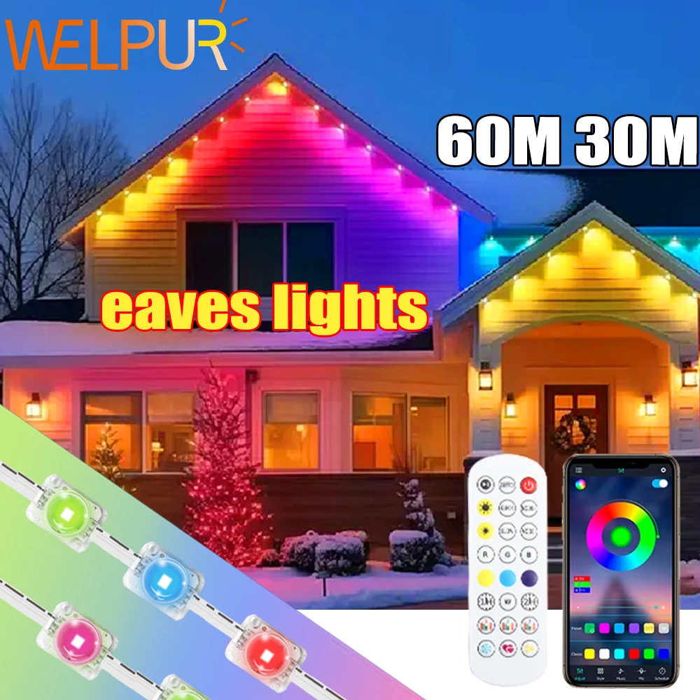 rgb-ic搭載、色変化機能付き、屋外用、耐久性のある軒下ライト。60m、ip67規格、音楽連動機能付き。クリスマスや新年の装飾に最適。diyで手軽に楽しめるホリデーデコレーション。