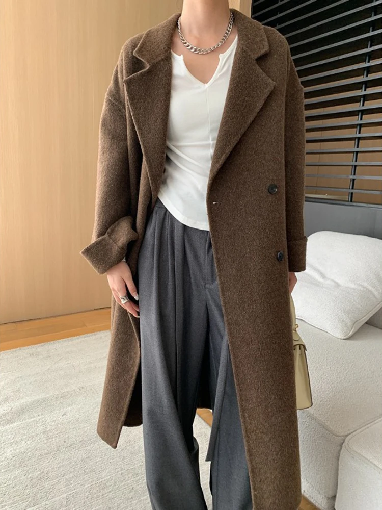 LANMREM Elegant Double Sided Woolen Coat Women\'s Lapel Solid Color Belt Gathered Waist Coats 2024 Autumn Winter New 2Z3053