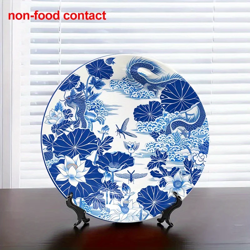 1pc 8-Inch Round Ceramic Wall Plate, Blue and White Dragon for Lotus Pattern Hanging Decor, Vintage Style Home Ornament,