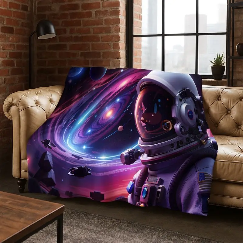Cartoon Astronaut Universe Spaceman Outer Space Flannel Blanket Soft Warm Throw Blanket for Bedroom Living Room Bed Travel kids