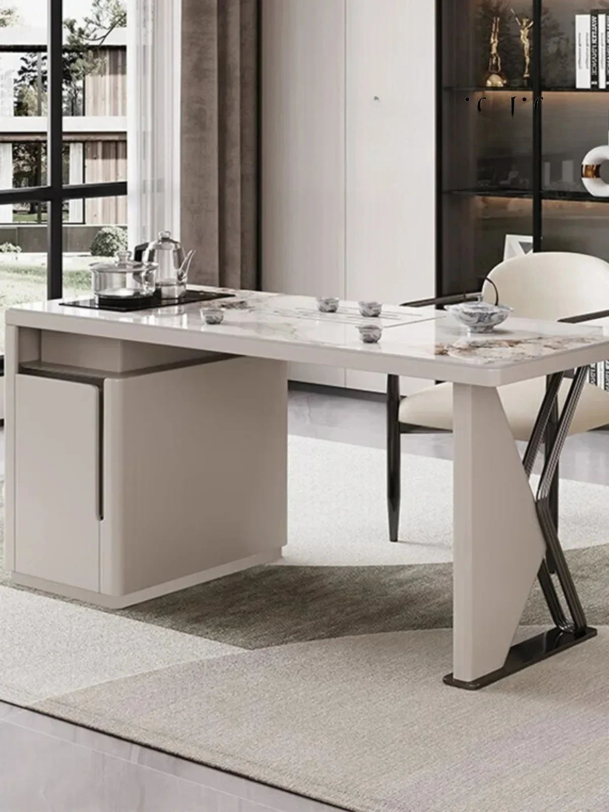 

Легкий роскошный чайный столик и стул из каменной плиты, многофункциональная интеграция балкона для домашнего офиса