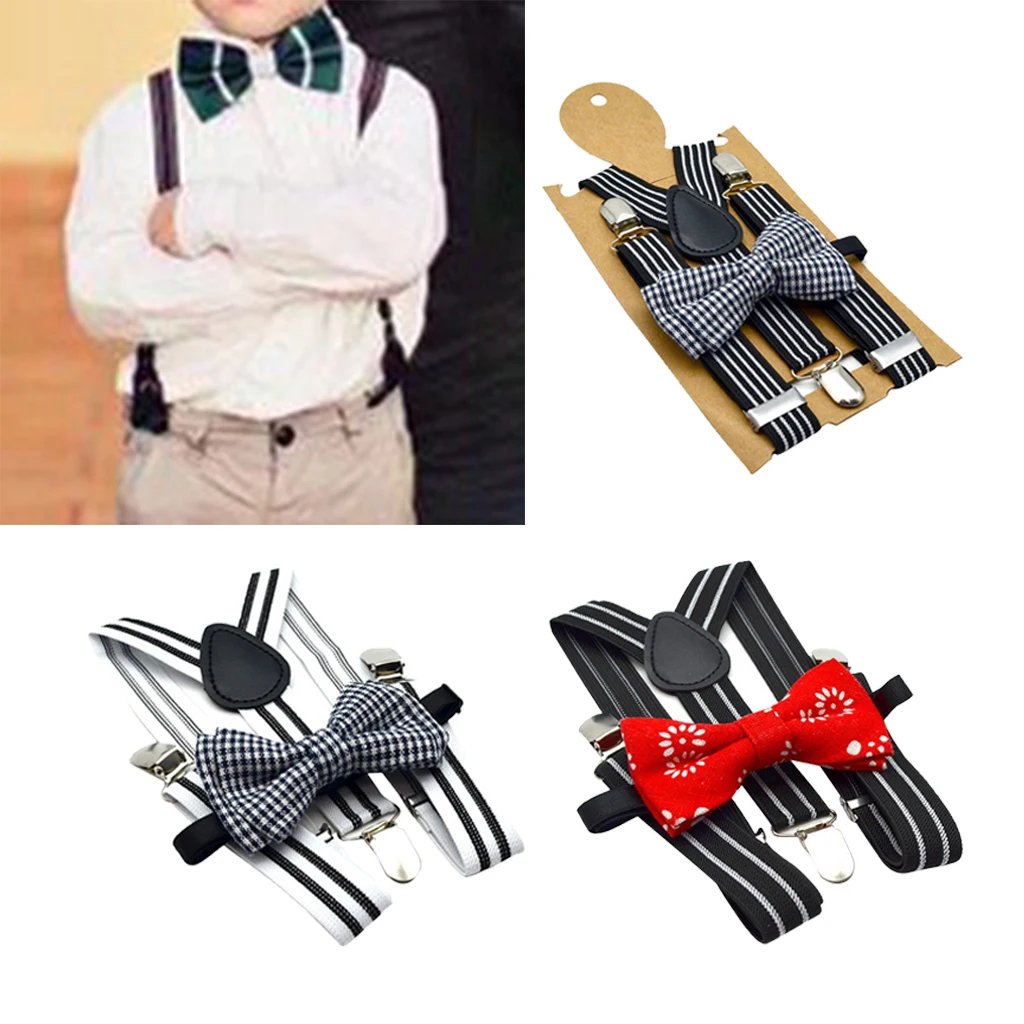 Gestreifte Hosenträger für Herren mit Fliege, robuste Hosenträger mit Clip-Riemen