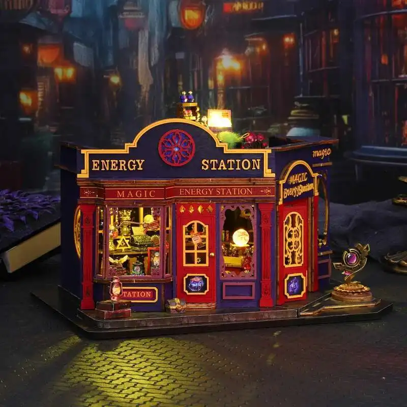 

Retro Magic Energy Station DIY Wooden House Figurines Miniature Kits With LED Light Home Desk Decoration For Adult Handmade Gift