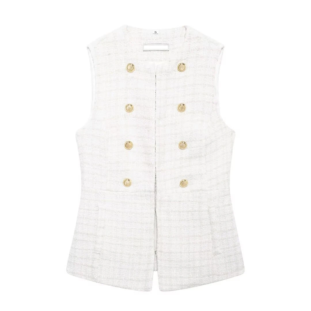 Tangada Women 2024 White Tweed Waistcoat With Buttons Vintage Sleeveless Female Coat BE0313