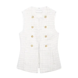 Tangada Women 2024 White Tweed Waistcoat With Buttons Vintage Sleeveless Female Coat BE0313