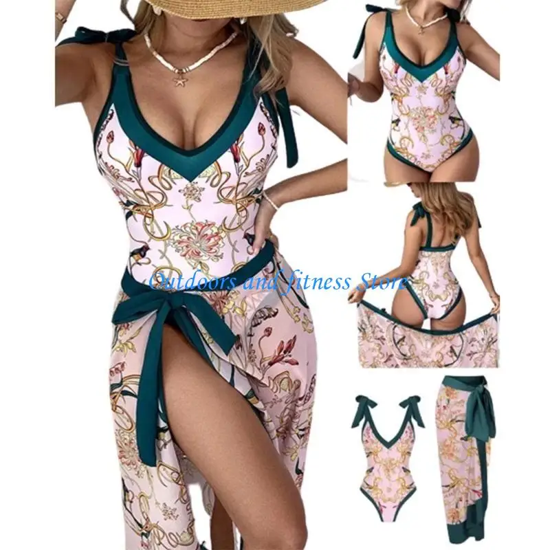 

H053 Women Tankinis Set with Skirt Bikinis Set Printed Swimsuit Ruffled Swimming Suit