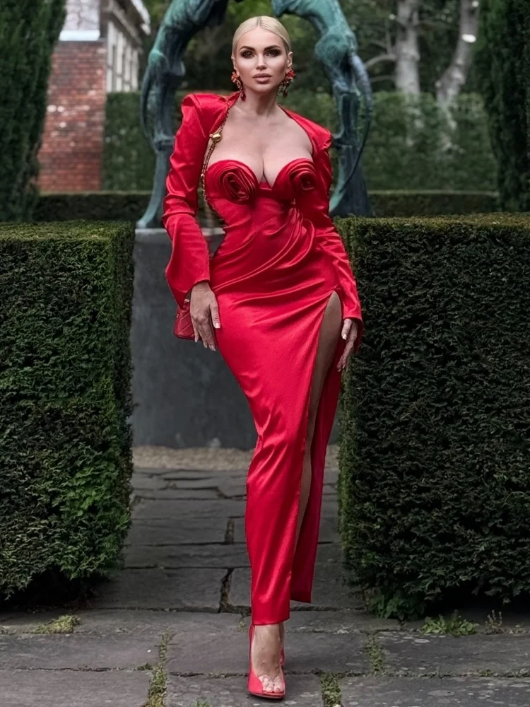 PB Glamouroso vestido maxi de cetim vermelho com decoração de rosas e fenda alta aniversário celebridade noite sexy elegante vestidos de manga comprida