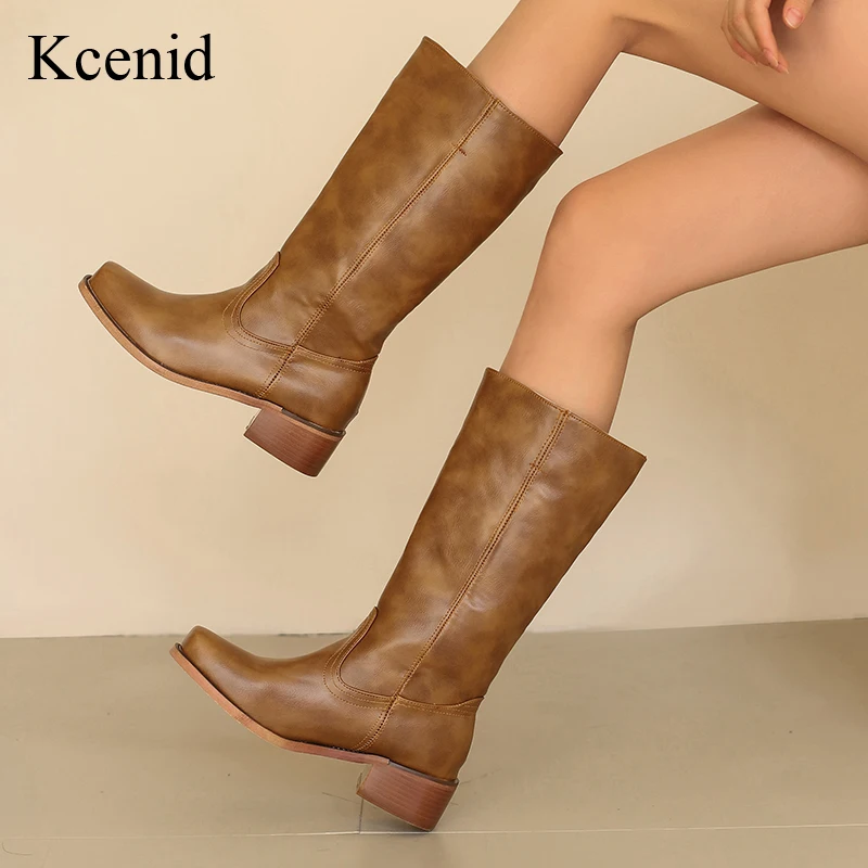 

Kcenid New Knee High Block Heel Boots Square Toe Slip On Fashion Winter Women Dress Shoes Chunky Thick Heel Runway Shoes 2025