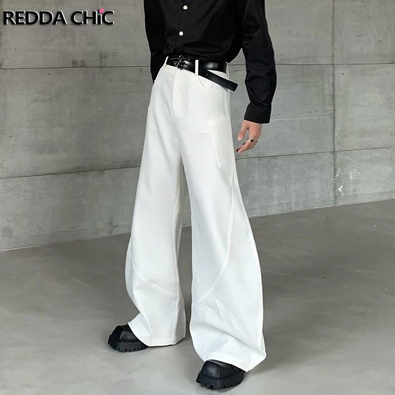 REDDACHIC Vintage Białe Spodnie Garniturowe z Kieszeniami Cargo Męskie Cleanfit Patchwork Luźne Szerokie Nogawki Bootcut Spodnie Robocze Codzienne Ubrania
