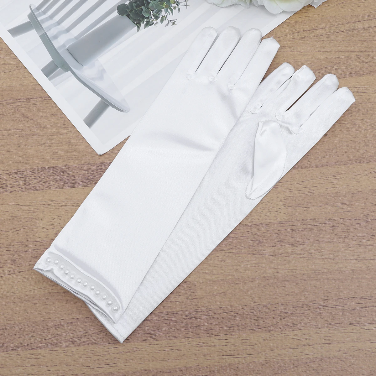 

1 Pair Wedding Flower Gloves Long Satin Pearl Decor Dress Gloves for Wedding Evening Party - Size (White)
