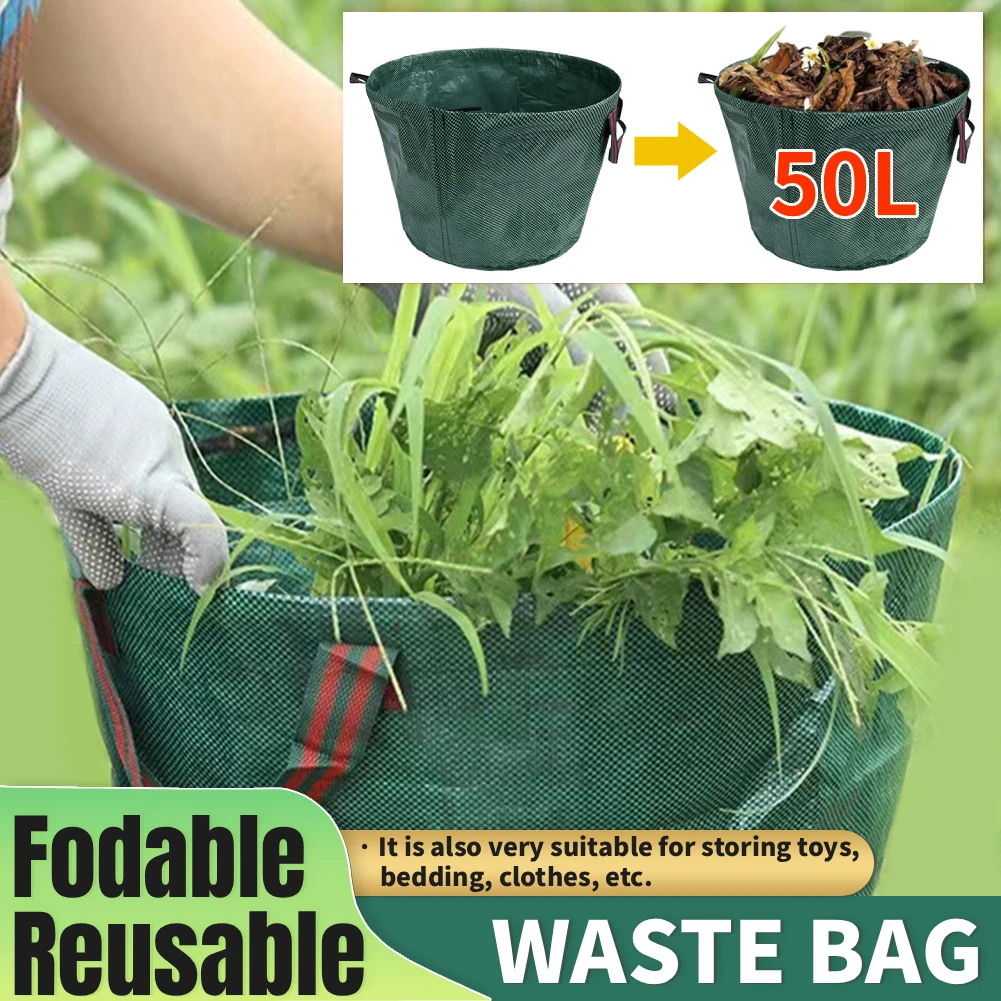 

Gardening Waste Bag 50L Waterproof Reusable Leaf Sack Collector Bags Weed Trash Storage Container for Flowers Hedge Cutting Lawn