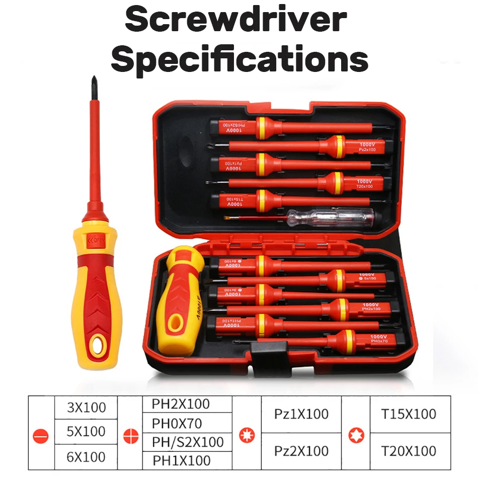 13pcs 1000V Electrician Repair Tools Kit Changeable Insulated Screwdrivers Set with Magnetic Slotted Phillips Bits