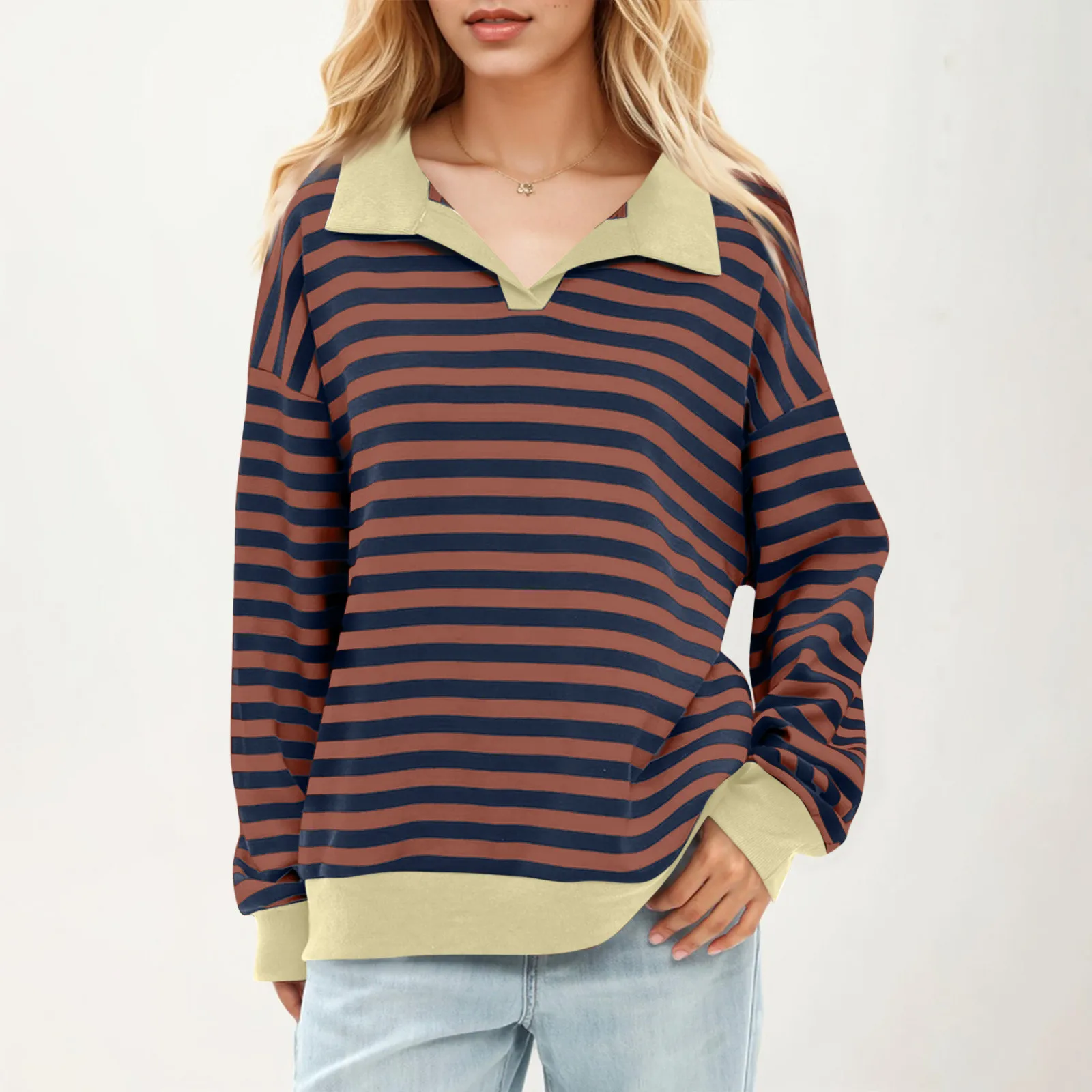 Women Stripe T-Shirts Sweater Women Autumn Winter Loose Casual Thick Pullovers Female Warm Long-sleeved V Neck Tops