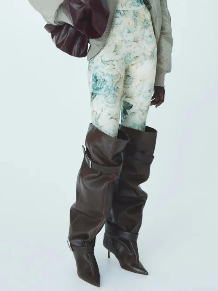 Neue Spitze Overknee-Stiefel mit dünnem Absatz, Gürtelschnalle und breitem Schaft für Modenschauen, Größen 35-46, Plus-Size Overknee-Stiefel für Damen