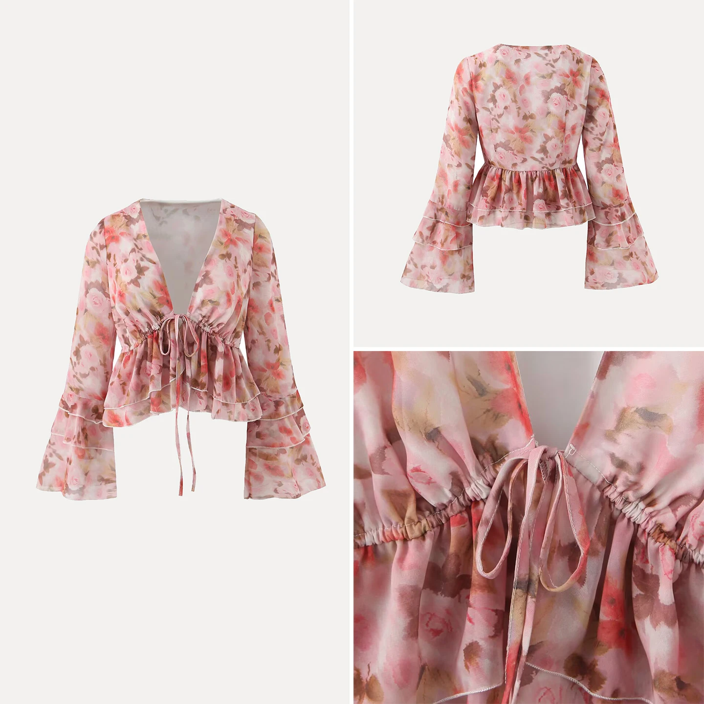 

2025 Winter New Women's Faion Personali Simple Bell Sve Printed irt V-ne ort Length Skin-friendly Breathable