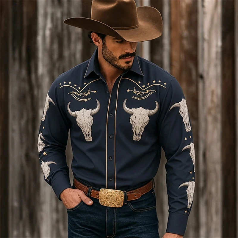Men's Autumn Long-Sleeve Shirt Western-Style Vintage Bull Print Button-Down Loose Comfortable Casual Top for Outdoor Vacations