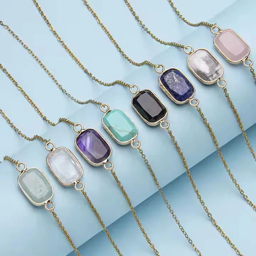 Stainless steel gold chain natural crystal stone geometric edge rose quartz amethyst opal necklace for women