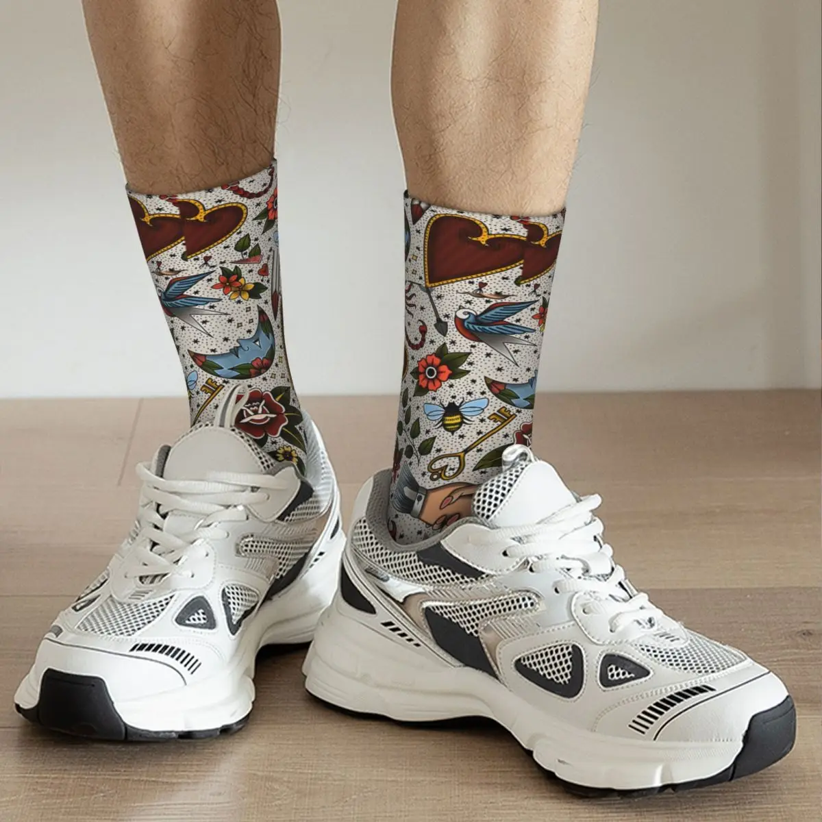 Elin Compression Moon Sock pour Homme, Harajuku, American Traditional Flash Pattern, Tattoo Seamless, Crew Sock, Casual