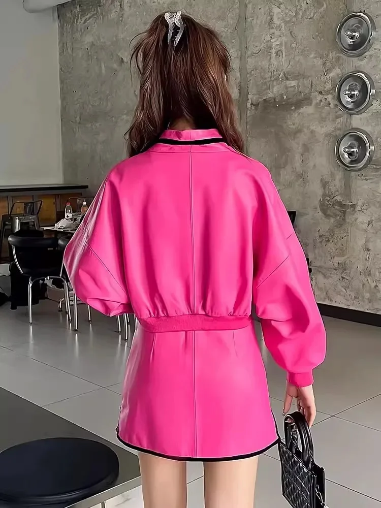 Women Spring Genuine Leather Short Coat V-Neck Batwing Sleeve Fashion Outerwear Single Breasted High Street Sheepskin Jacket