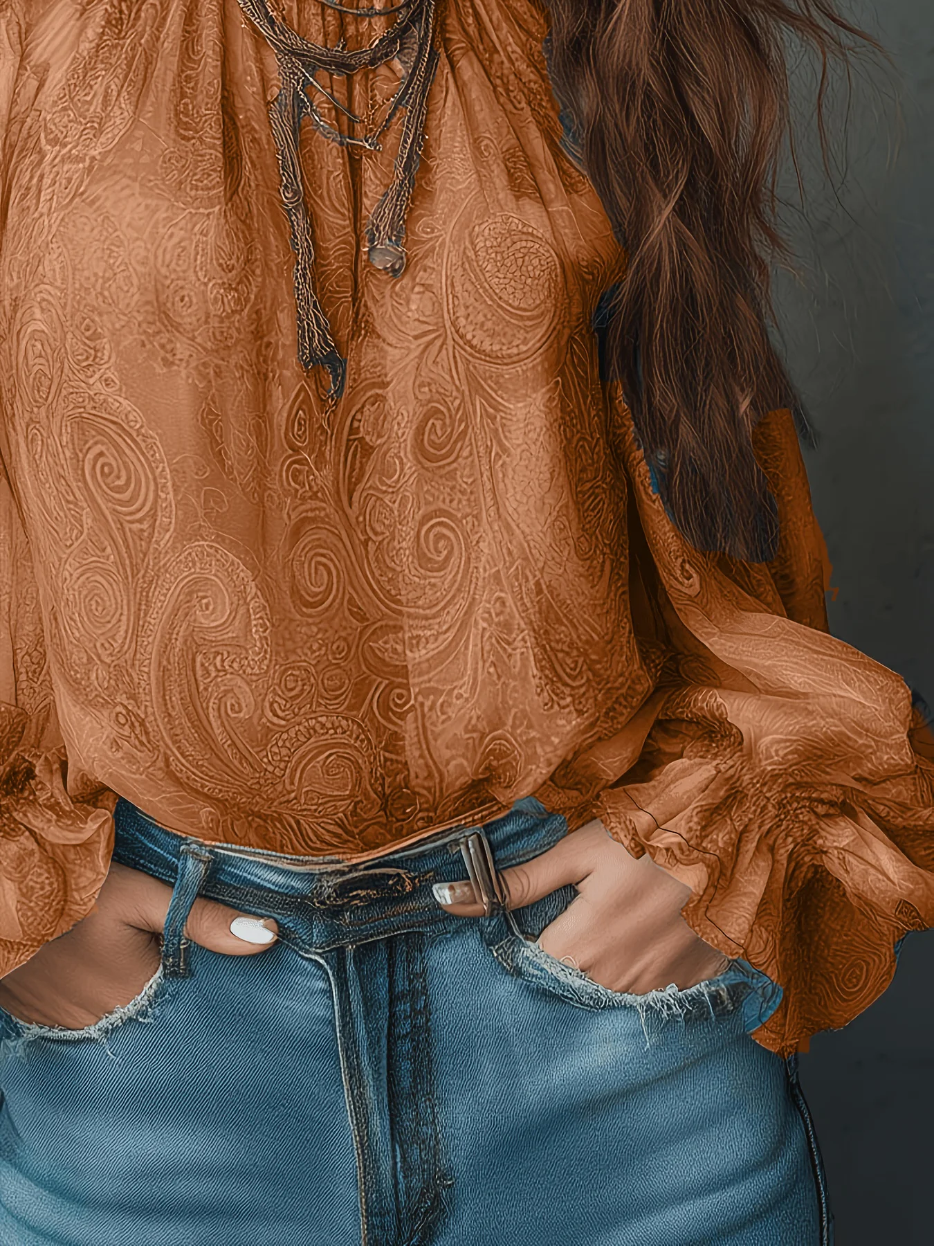 Boho Paisley-Print Chiffon-Top Damen Sexy Off-Shoulder Bluse mit Trompetenärmeln Retro 70er Fairycore Hemden – Detail 28