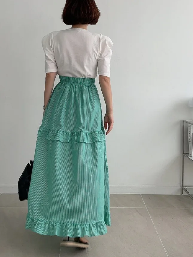 블루 스트라이프 하프 길이 A 라인 우산 스커트 여성 유행 젊은 다목적 레이스 접합 디자인 하이 웨이스트 스커트