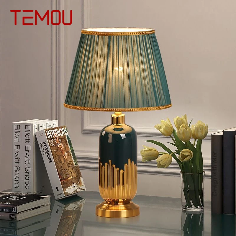 TEMOU Modern Ceramic Table Lamp LED Simple Creative Green Nordic Bedside Desk Light for Home Living Room Bedroom Decor