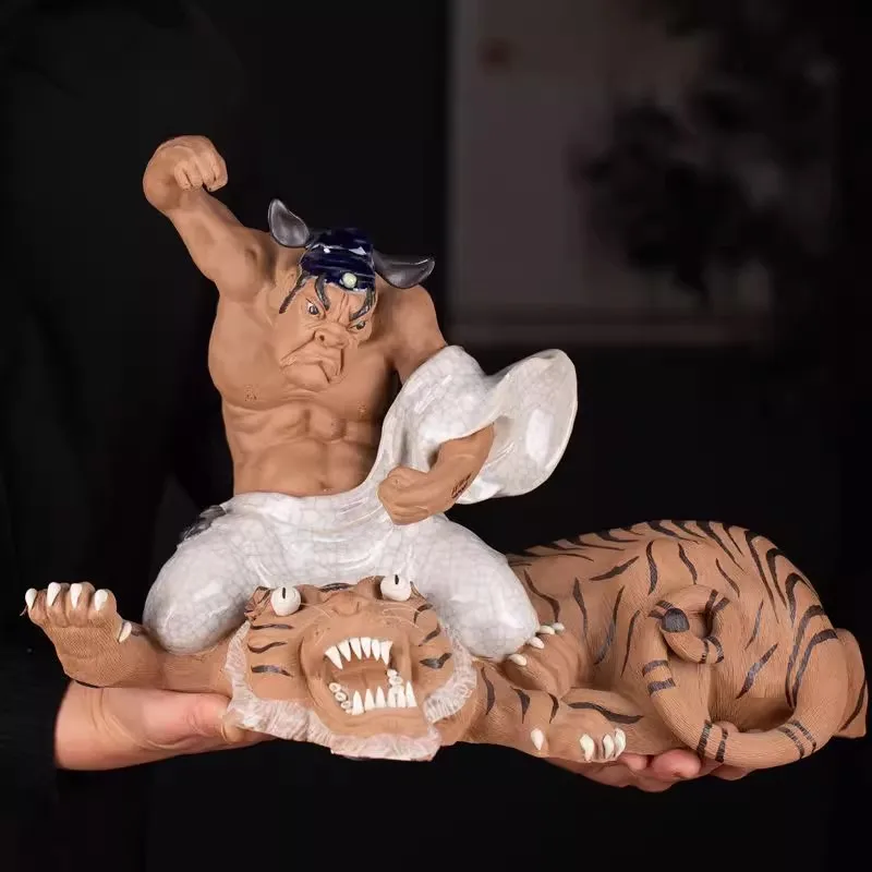 Character decoration Shiwan kiln ceramic statue ----Hero Wu Song fights the tiger statue