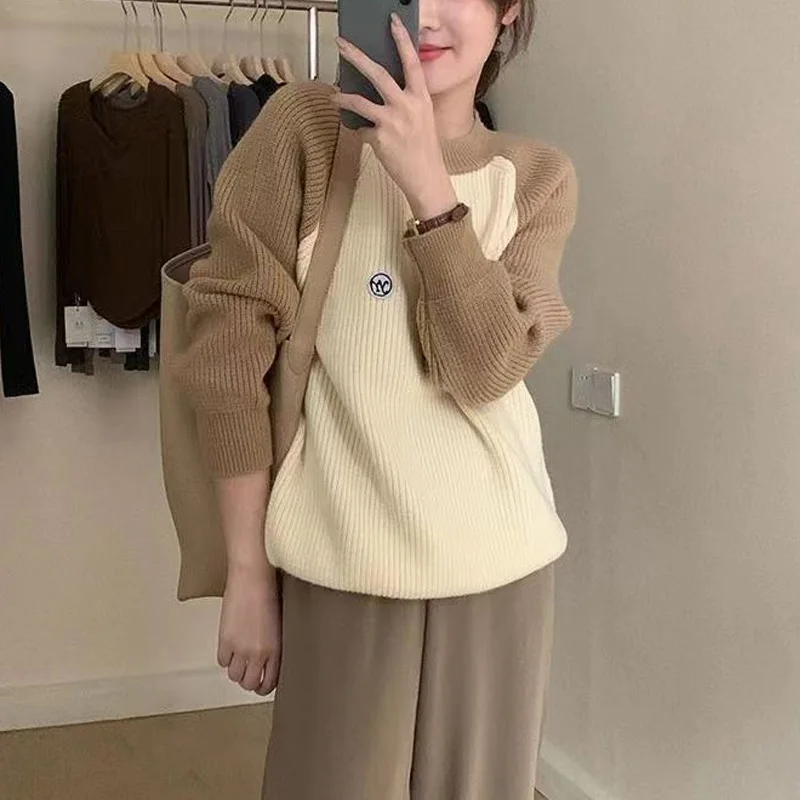 Autumn Fashion Color Blocking Loose Knitting Sweaters Women New Classic Long Sleeve Korean O-collar All-match Pullover Top 2022