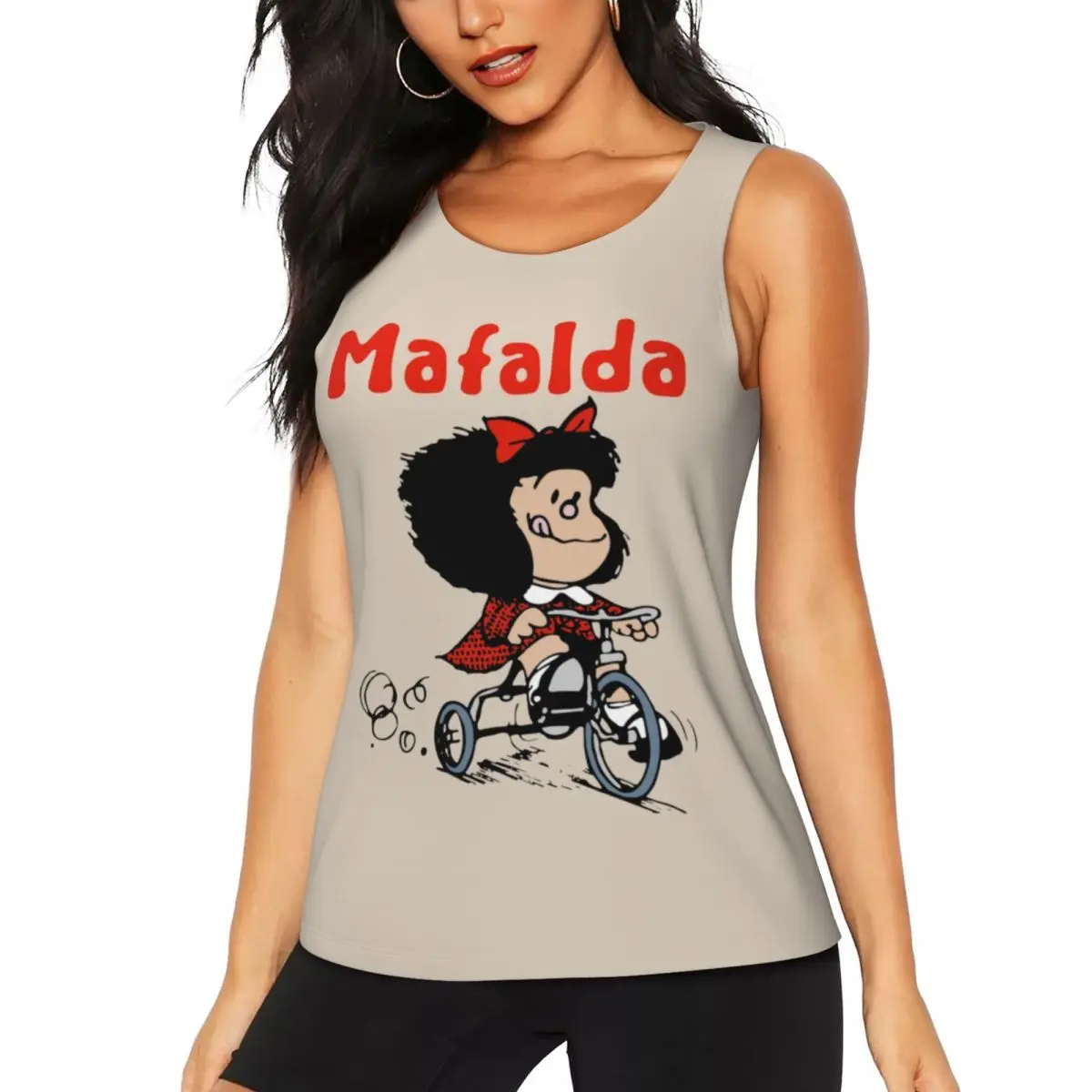 Custom Women's Mafalda Bicycle 3 Wheels Workout Yoga Shirt Sleeveless Quino Manga Cartoon Athletic Running Tank Tops