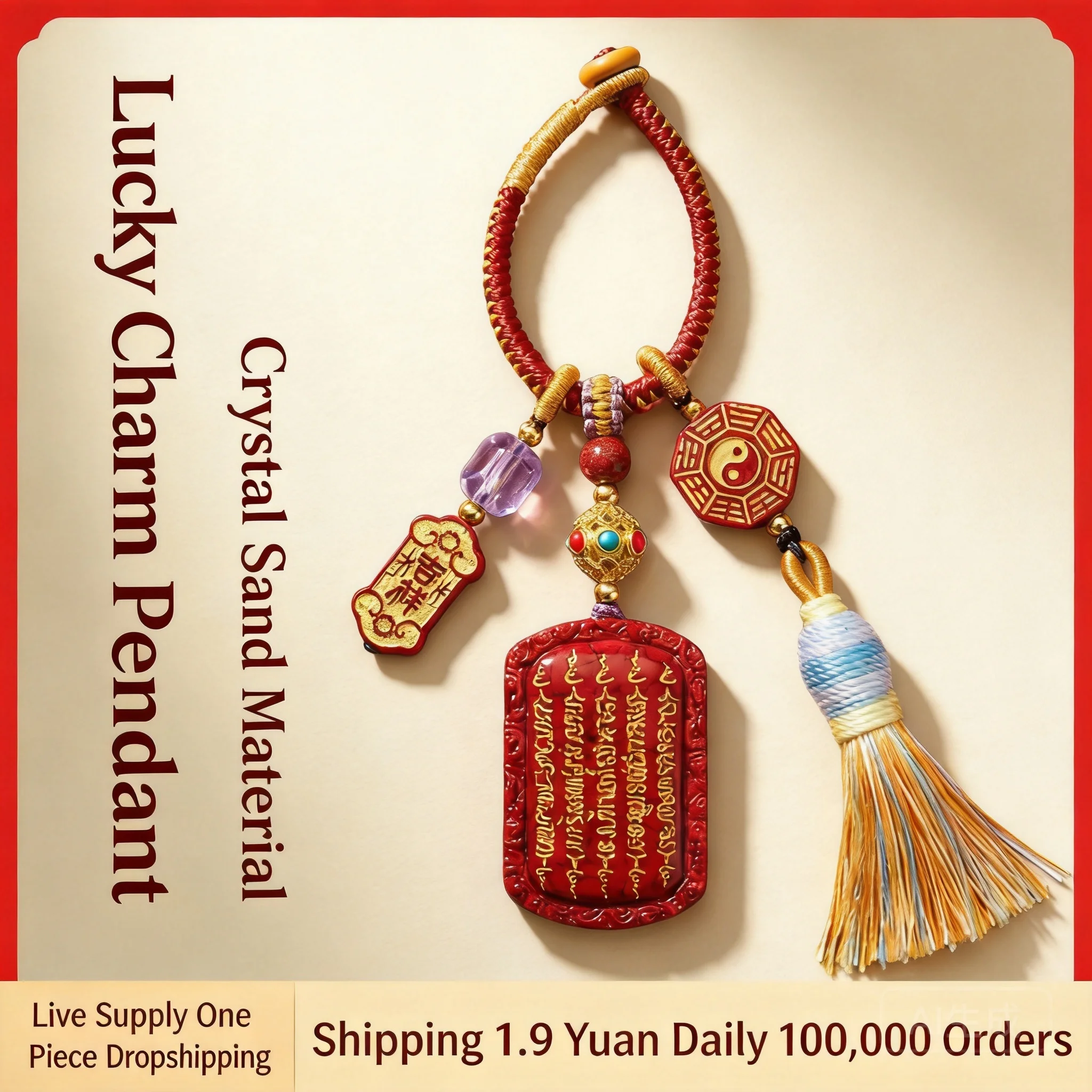 

Chinese Style Lucky Cinnabar Crystal Five Sacred Scripts Amulet Colorful Tassel Keychain Bag Pendant Auspicious Blessing Wealth