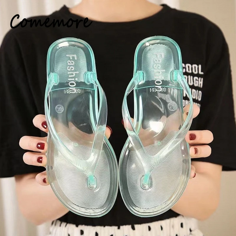 Comemore Solid Fashion Flat Non-Slip Slippers Beach Flip Flops Women Thong Sandals Summer Jelly Shoes Girls Transparent Slides