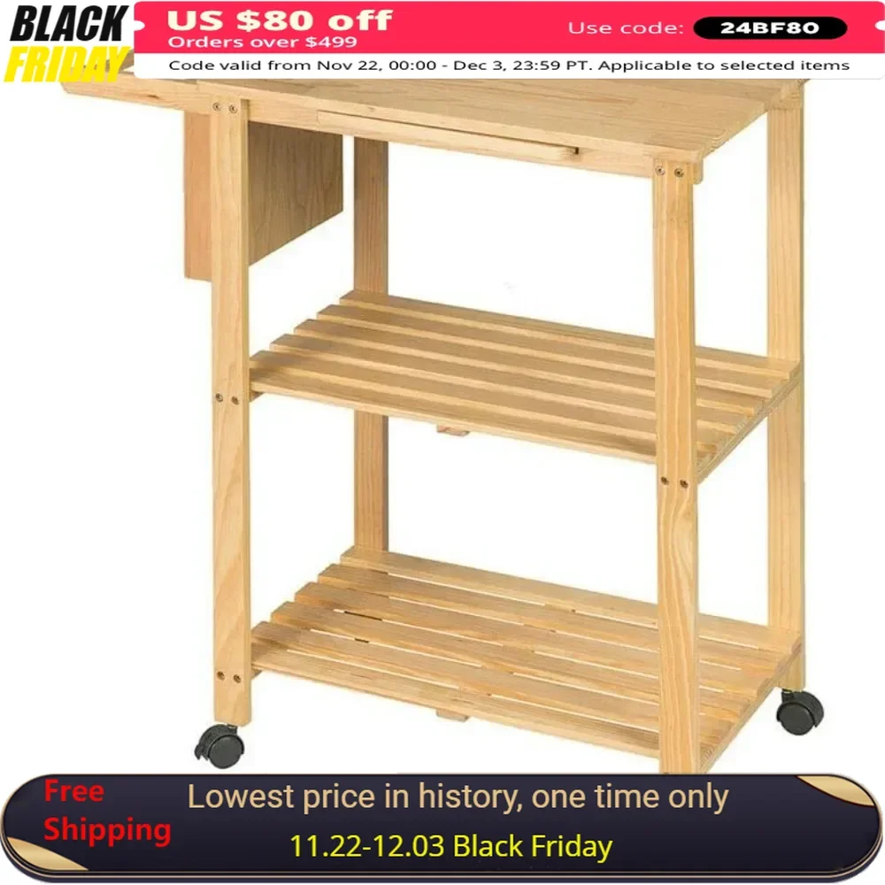 Wooden Kitchen Trolley Cart Utility Serving Island Dish Shelf Workstation w/Knife Rack Pine Wood Frame 31.5 x 15.7 x 33.2 of Set