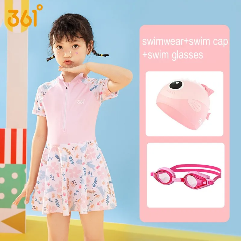 361°Girl One Piece Professional WaterProof SwimSuit Beach Glasses Surf Cap Kids Front Zipper Bathing Rash Guard Skirts Goggles