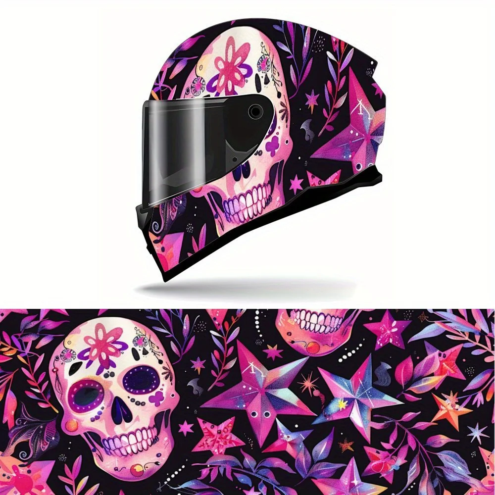 

Trendy Pink Skull and Stars PVC Motorcycle Helmet Vinyl Wrap, Self-Adhesive Waterproof Sticker, Anti-Scratch Decorative Film for