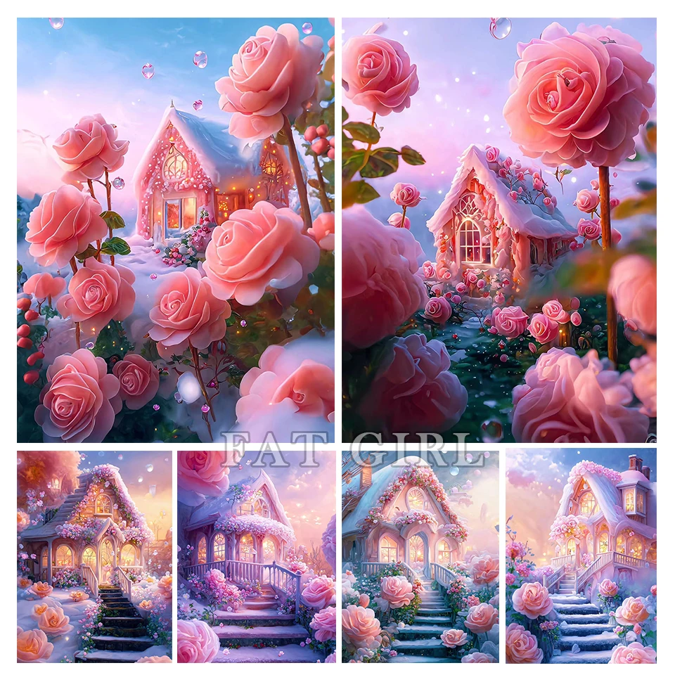 New Dream Flower House Diamond Painting Rose Castle Diy Full Diamond Mosaic Embroidery Rhinestone Landscape Picture Wall Decor