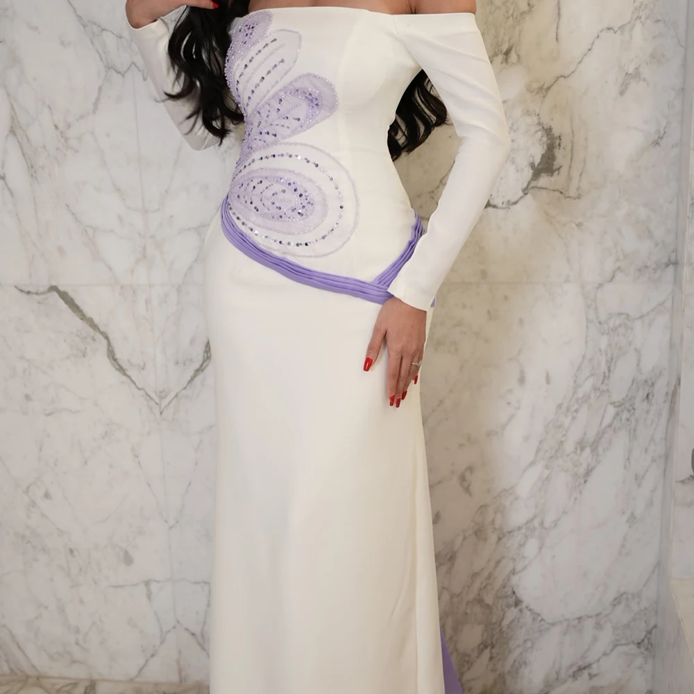 

Customized Modern Crystal Strapless Jersey Long Sleeves Evening Dress Fashion Straight Floor Length Party Dress Robe D