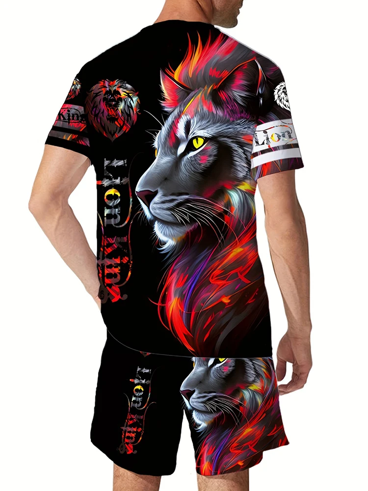 2024 Men\'s Summer Casual Daily Short Sleeve and Shorts 3D Set Cool Lion King Printed T-shirt and Drawstring Shorts Set