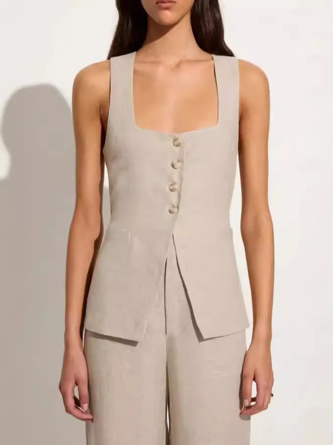 Novo conjunto de colete e calças com gola quadrada longo sve algodão faion conjunto roupas femininas primavera 2024 coleção terno de duas peças