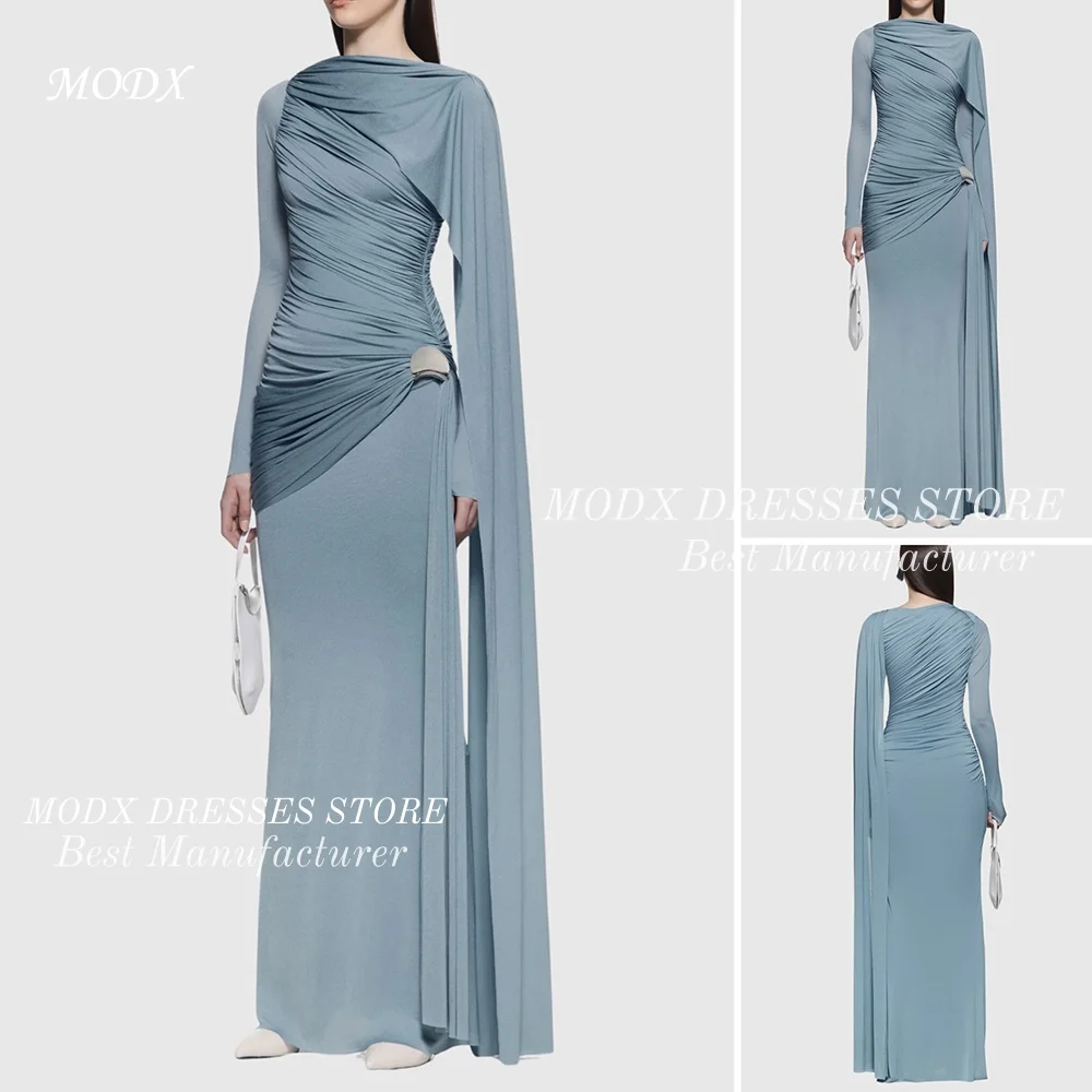 

MODX Elegant Dusty Blue Cape Sleeve Satin Korean Evening Dresses Customized Straight Women Party Dress Formal Celebrity Gowns