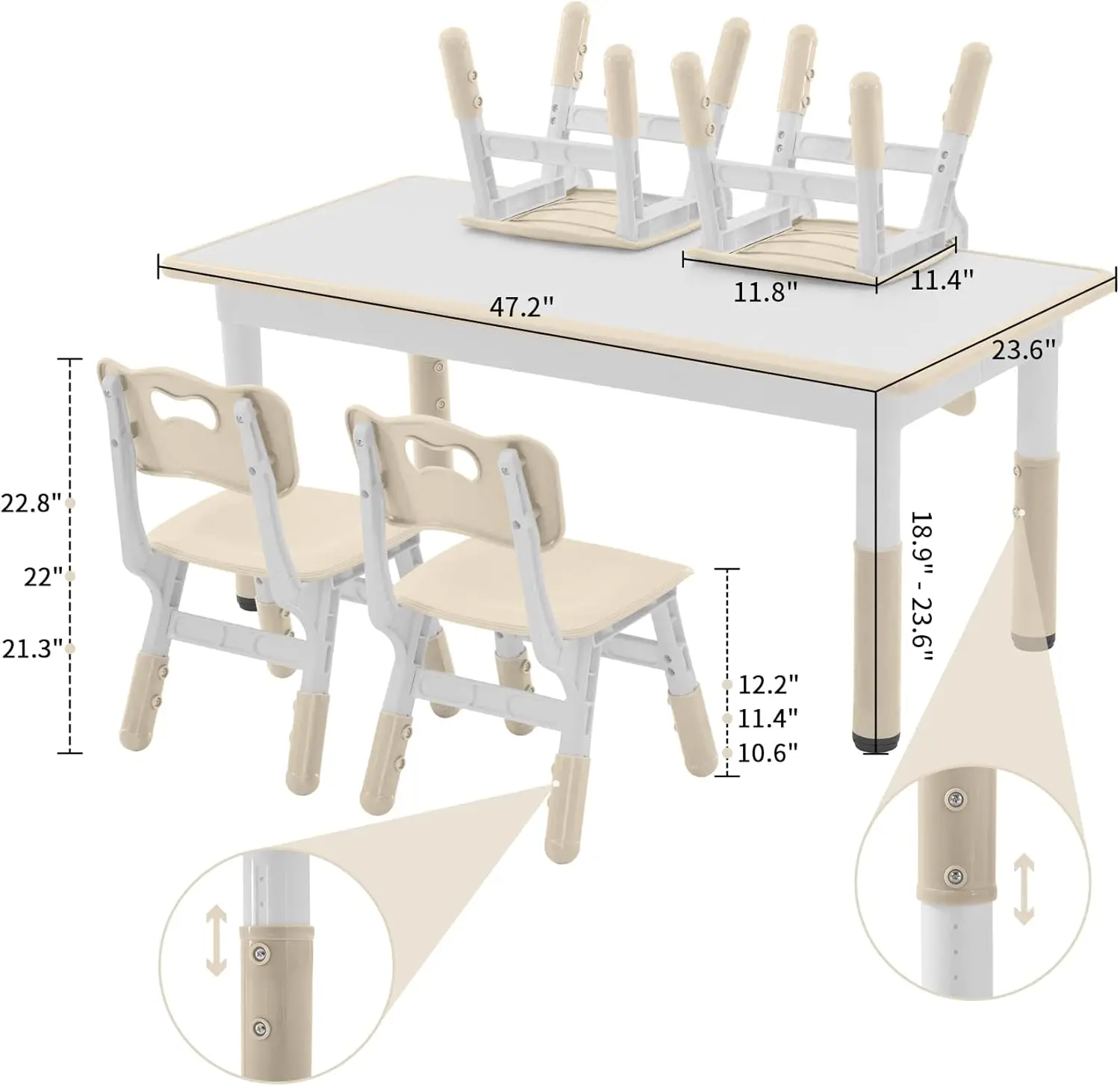 Chairs Set for 4, 47.2''L x 23.6''W Kids Study Table and Chair Set, Height-Adjustable, Graffiti Desktop, Children Activity Table