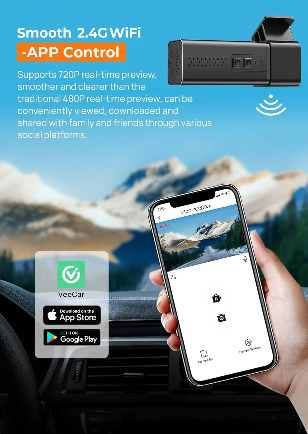 Dashcam WiFi 2,5K con visione notturna, sensore G, registrazione in loop, modalità parcheggio 24 ore, supporto app, SD da 32 GB incluso