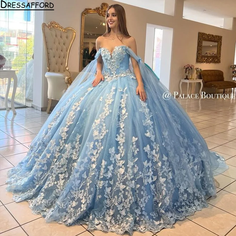 

Роскошные небесно-голубые платья Quinceanera с накидкой Бальное Платье милое кружевное Бисероплетение искусственное принцесса милые 15 платьев